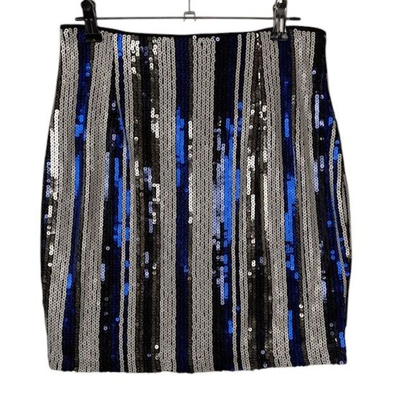Lulu's Dazzle You Gold and Blue Striped Sequin Mini Skirt Back Zip Size Small - Picture 2 of 11